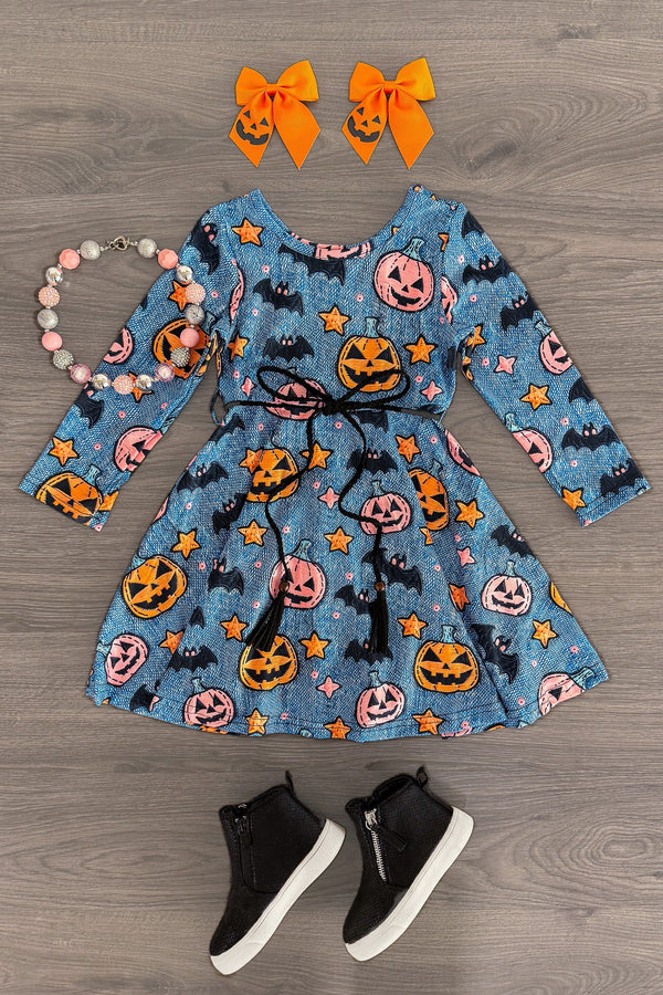 Denim Faux Embroidery Jack-O'-Lantern Dress | Sparkle in Pink