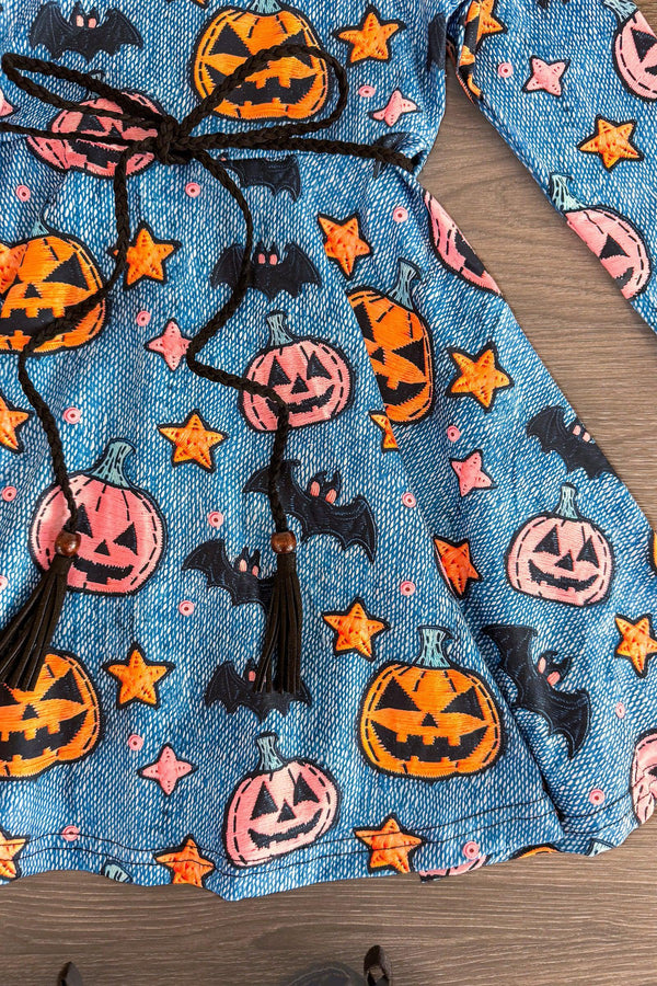 Denim Faux Embroidery Jack-O'-Lantern Dress | Sparkle in Pink