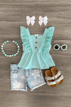 Mint Swiss Dot Denim Short Set - Sparkle in Pink