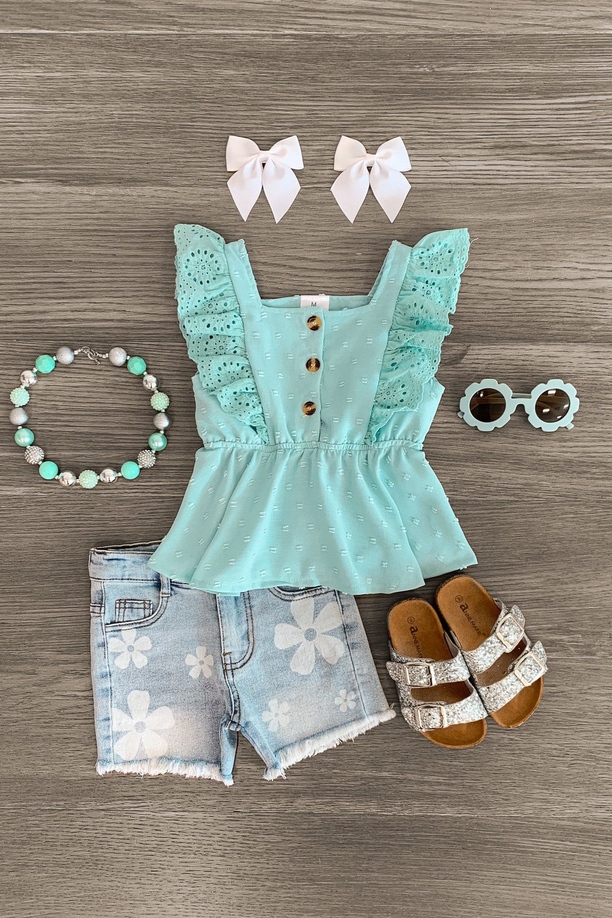 Mint Swiss Dot Denim Short Set - Sparkle in Pink