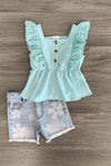 Mint Swiss Dot Denim Short Set - Sparkle in Pink
