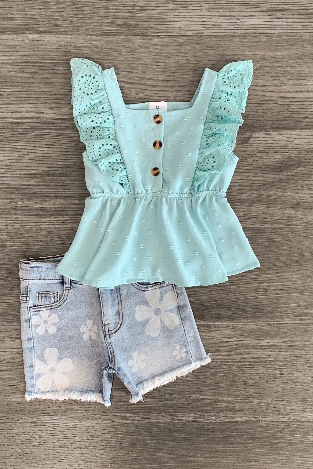 Mint Swiss Dot Denim Short Set - Sparkle in Pink