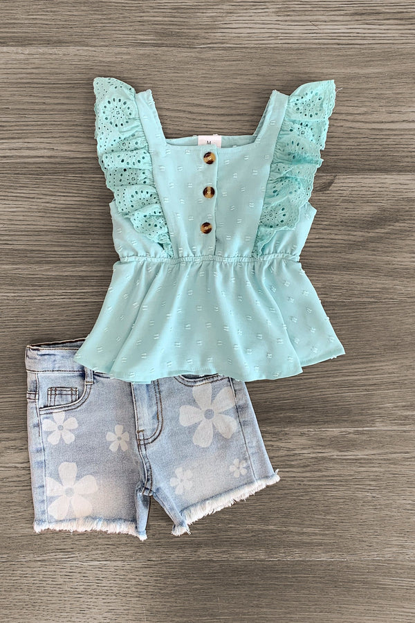 Mint Swiss Dot Denim Short Set - Sparkle in Pink