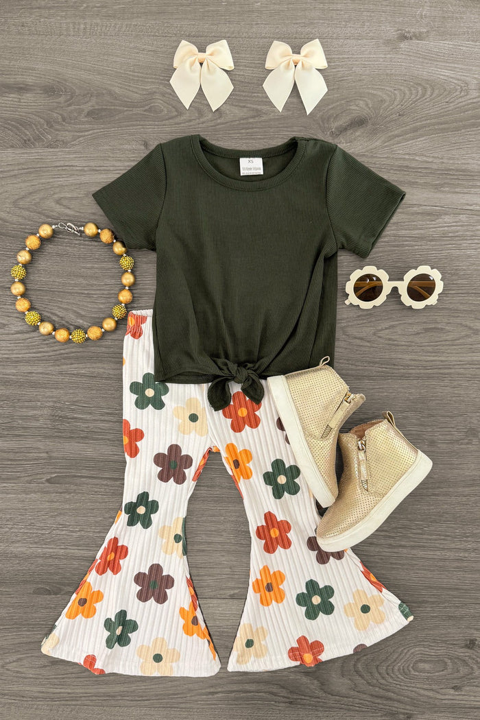Olive Green Ribbed Flower Bell Bottom Set - 3XS-6-12 Months - Olive green ribbed short-sleeve top with front knot and floral bell-bottom pants paired with cream boots, white floral.