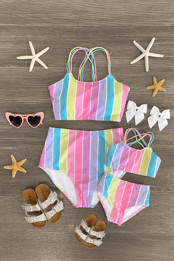 Mom & Me - Pastel Stripe Bikini - CHILD-3XS-6-12 Months - Pastel rainbow striped mom and child bikini sets with thin straps and high-waisted bottoms, styled with white bows and.