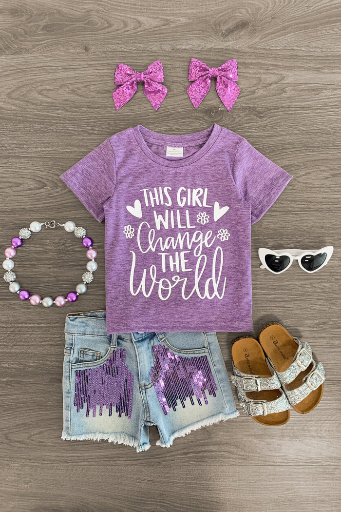 "This Girl Will Change The World" Denim Short Set - 6-12 Months - Purple short-sleeve tee with white "This Girl Will Change The World" text, distressed denim shorts with purple paint.
