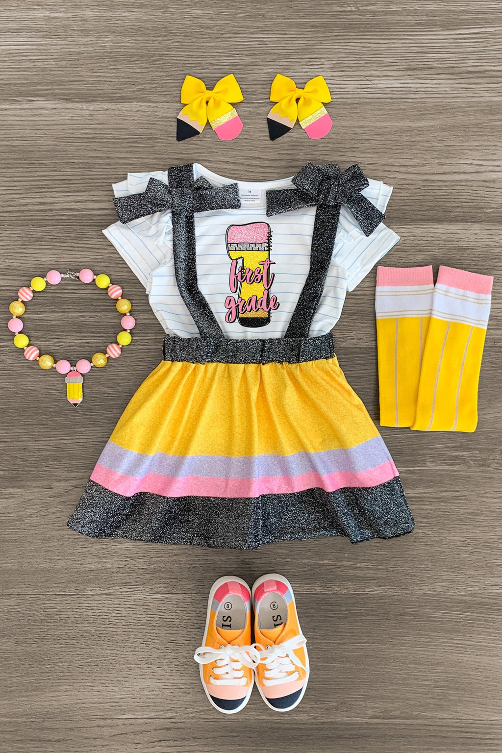 "Pre-K - Fifth Grade" Pencil Suspender Skirt Set | Sparkle in Pink