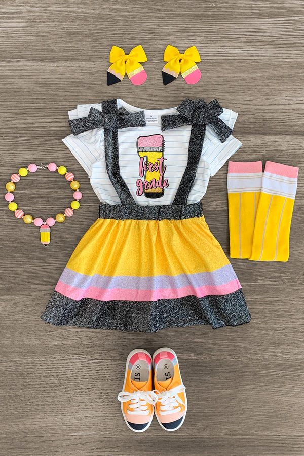 "Pre-K - Fifth Grade" Pencil Suspender Skirt Set | Sparkle in Pink