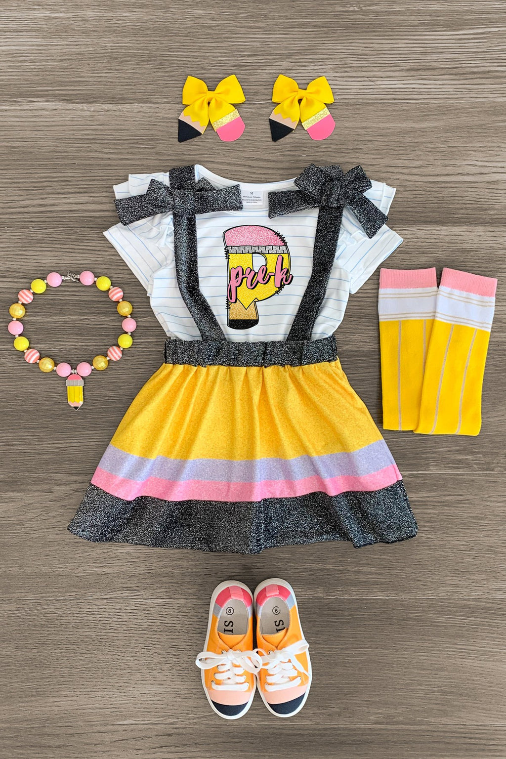 "Pre-K - Fifth Grade" Pencil Suspender Skirt Set | Sparkle in Pink
