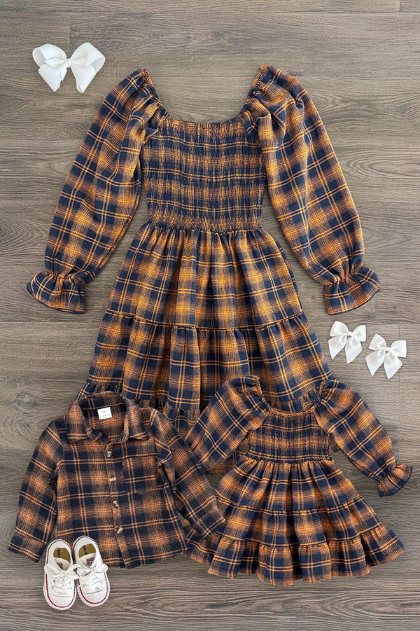 Navy & Rust Plaid Dress & Shirt | Matching Mom & Me Clothing Sparkle In Pink Navy & Rust Plaid Dress & Shirt | Matching Mom & Me Clothing Sparkle In Pink