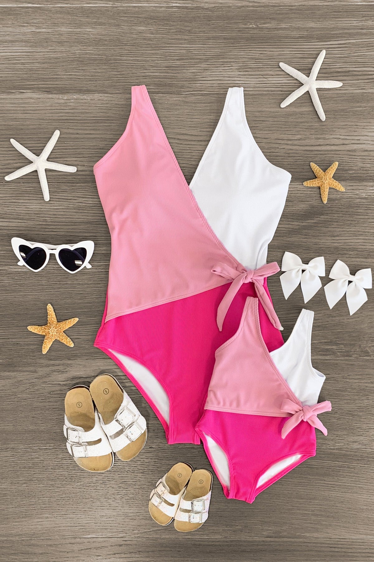 Mom & Me - Pink & White One Piece Swimsuit - Sparkle in Pink