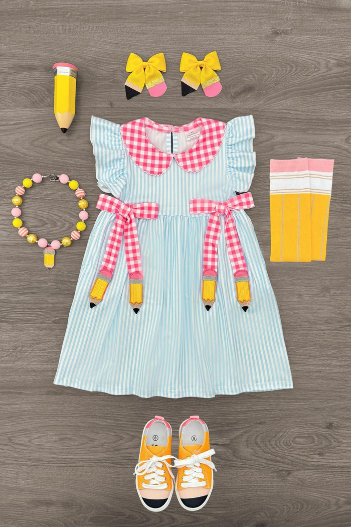 Pink & Blue Pencil Dress - 3T - Blue and white striped dress with pink gingham collar and bows, paired with yellow shoes, bow clips, necklace, and yellow.