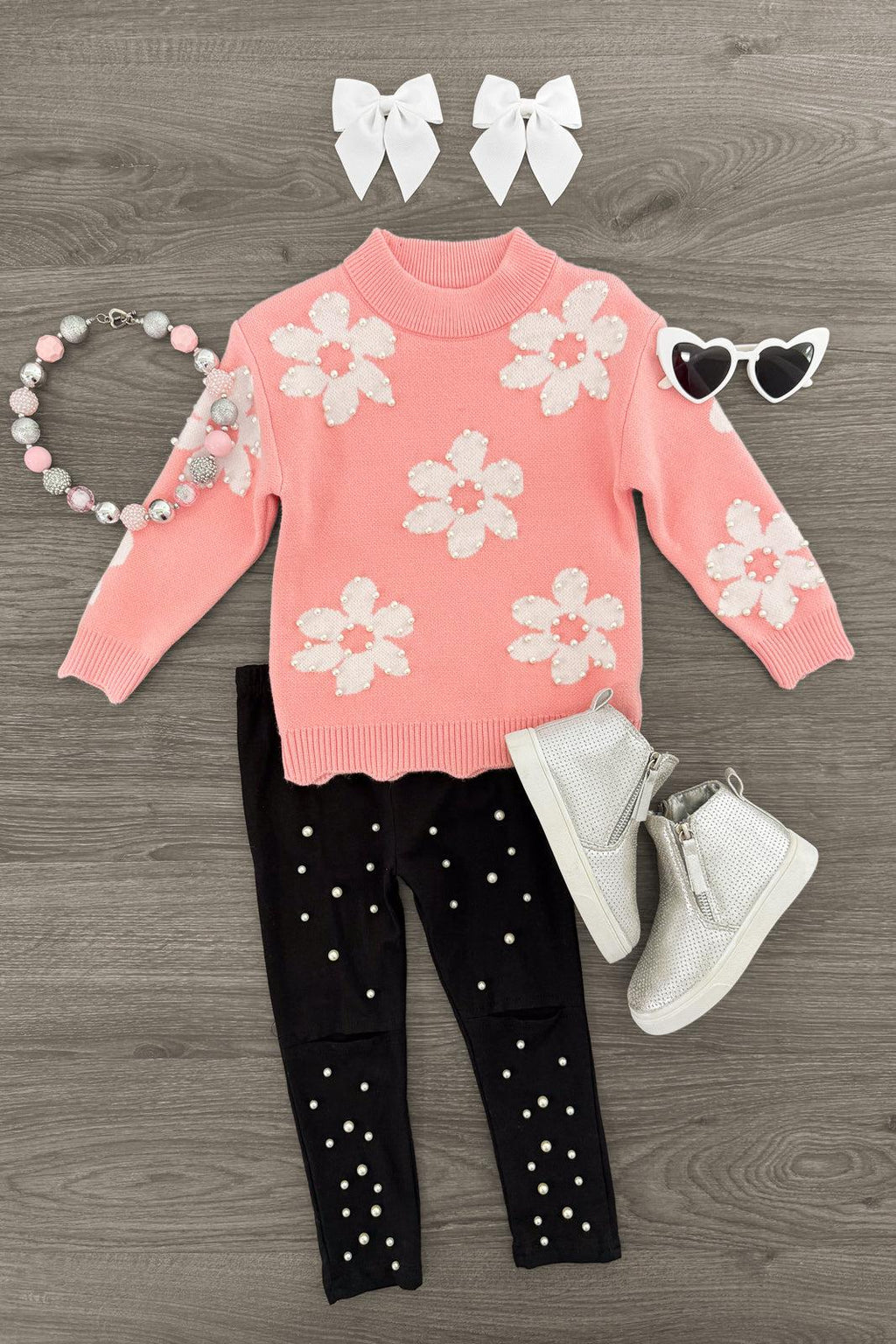 Pink Pearl Flower Sweater Legging Set | Sparkle in Pink