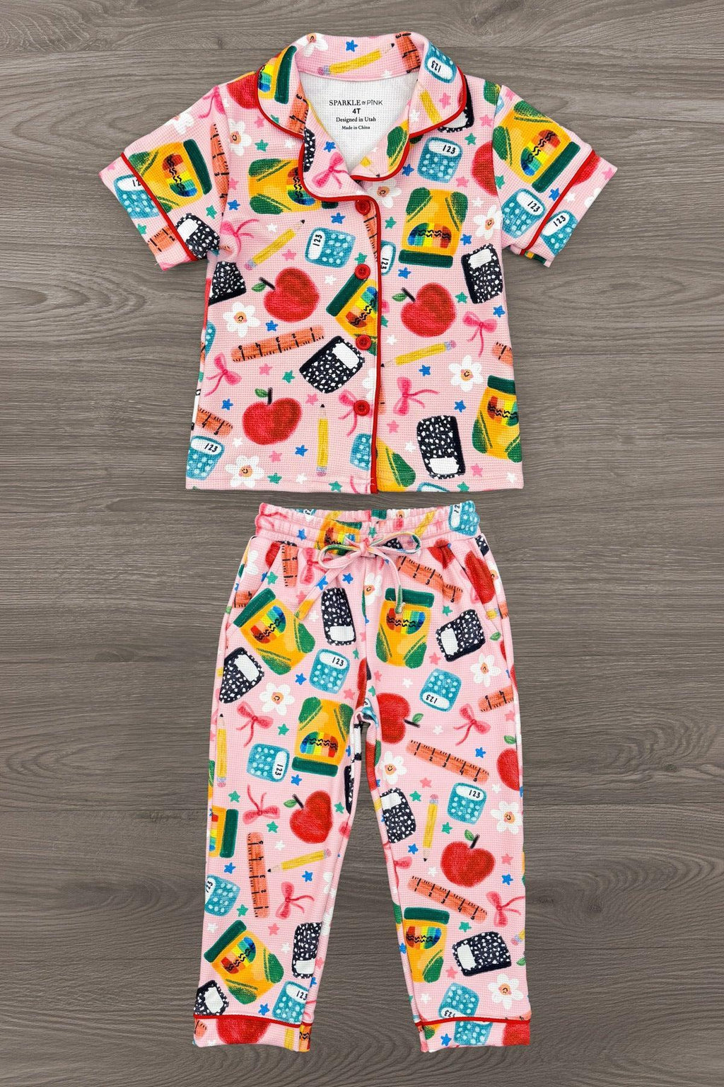 Mom & Me - School Supplies Waffle Knit Pajamas - CHILD-3T - Pink waffle knit pajamas with colorful school supplies print, short-sleeve button-up top and matching pants.