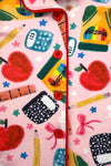 Mom & Me - School Supplies Waffle Knit Pajamas - CHILD-3T - Pink waffle knit pajamas with colorful school supply prints like apples, calculators, pencils, and rulers, featuring a.