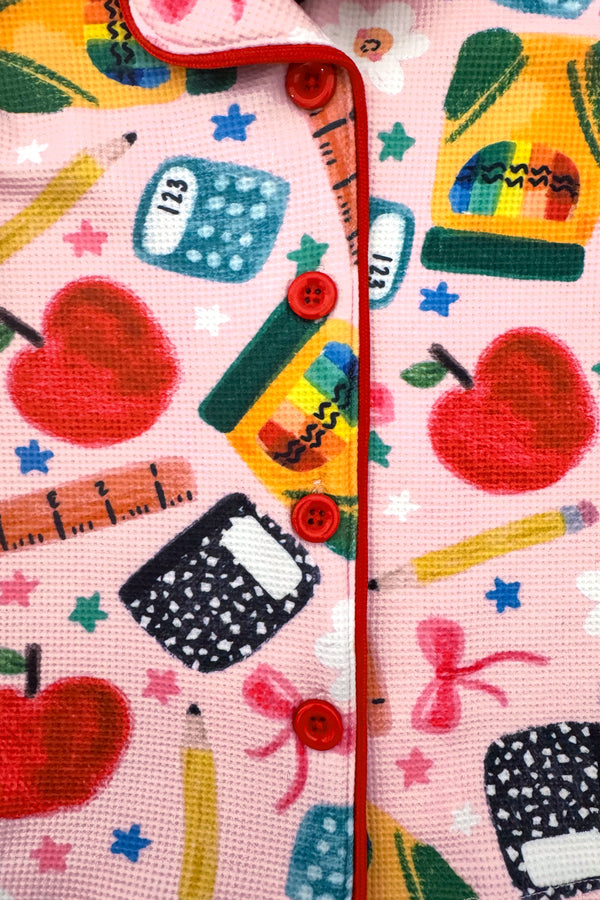 Mom & Me - School Supplies Waffle Knit Pajamas - CHILD-3T - Pink waffle knit pajamas with colorful school supply prints like apples, calculators, pencils, and rulers, featuring a.