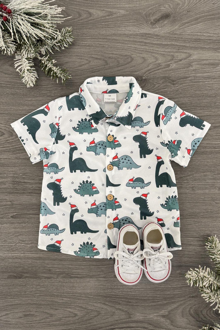 Santasaurus Button Down Top - 3XS-6-12 Months - White button-down toddler shirt with green and gray dinosaur and Santa print, short sleeves.
