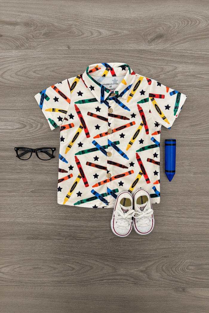 Crayons & Stars Button Down Top - 3T - Cream button-down top with colorful crayons and stars print, short sleeves.