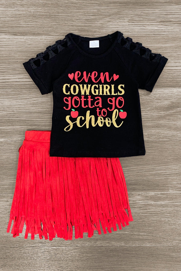 "Even Cowgirls Gotta Go To School" Suede Skirt Set - Sparkle in Pink