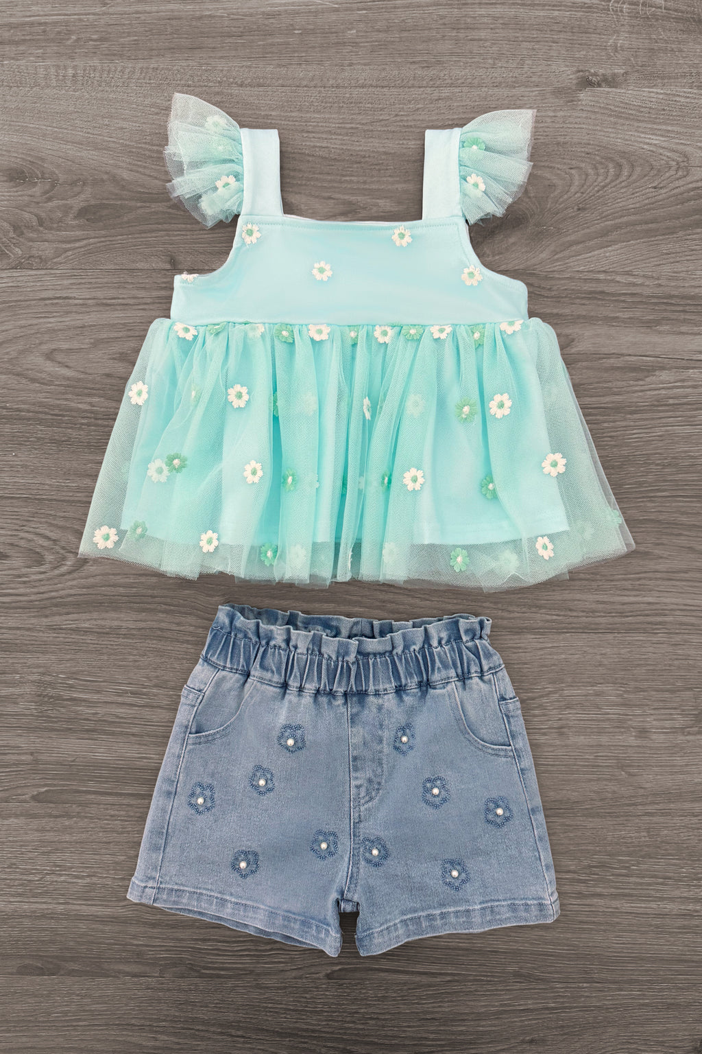 Mint Flower Denim Short Set | Sparkle in Pink