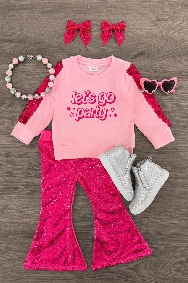 "Let's Go Party" Pink Sequin Bell Bottom Set | Sparkle in Pink