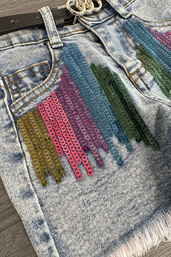 "Learn" Rainbow Sequin Denim Short Set | Sparkle in Pink