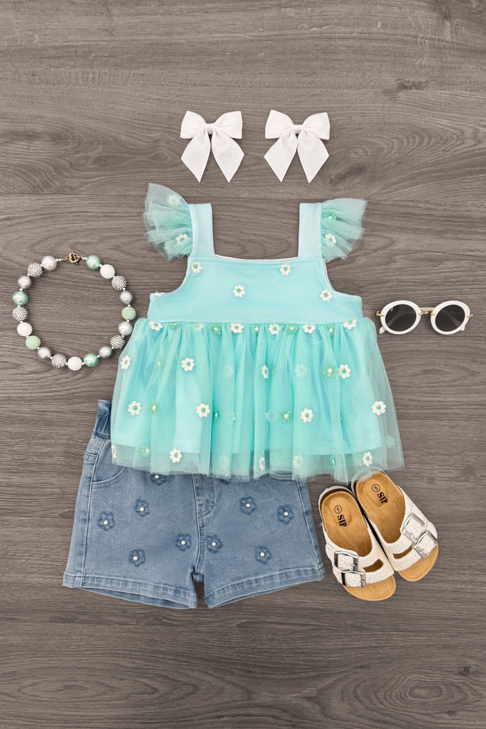 Mint Flower Denim Short Set - 6-12 Months - Mint green sleeveless denim top with daisy embroidery and matching shorts, paired with white sandals and bow hair clips.