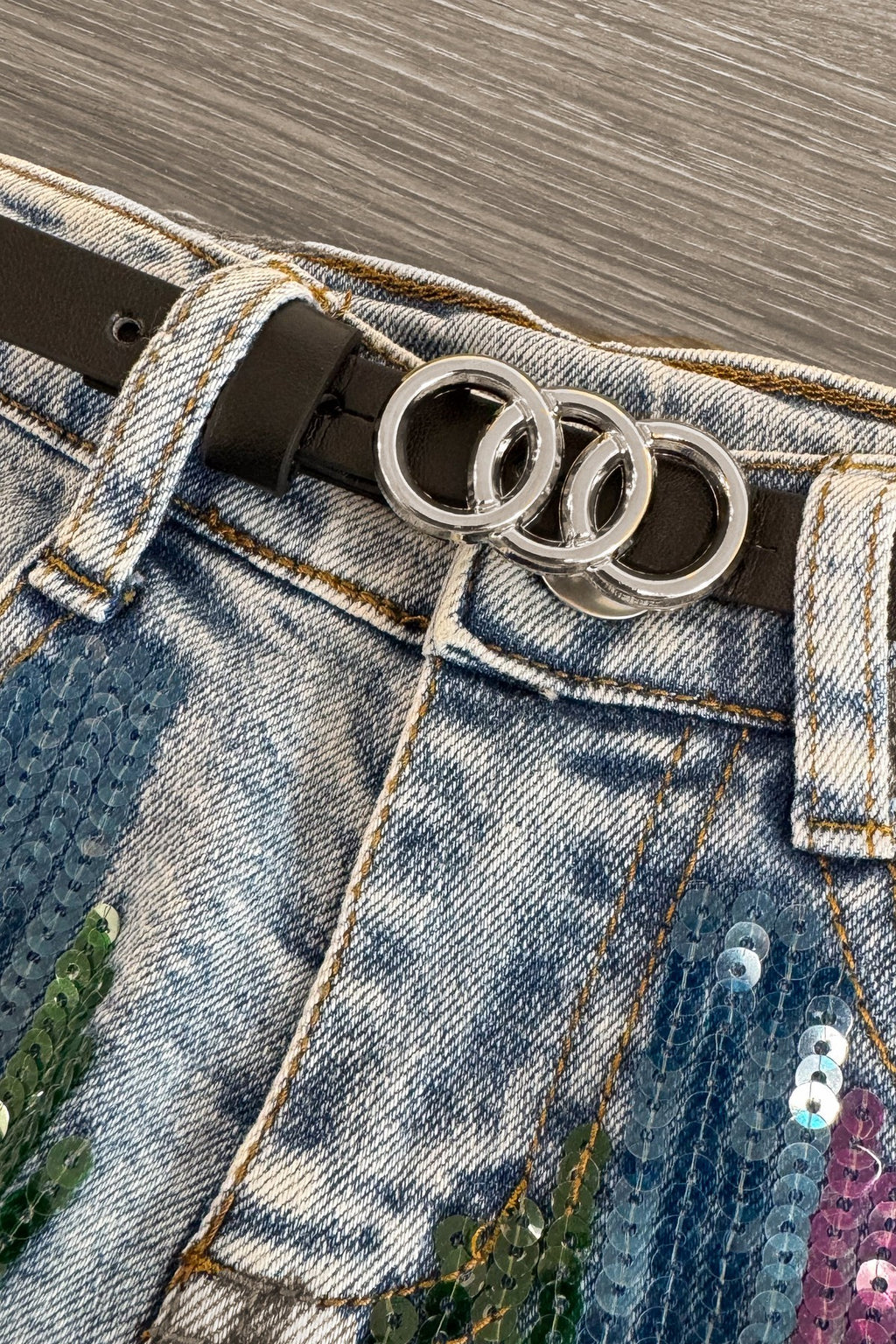"Learn" Rainbow Sequin Denim Short Set | Sparkle in Pink