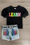 "Learn" Rainbow Sequin Denim Short Set | Sparkle in Pink