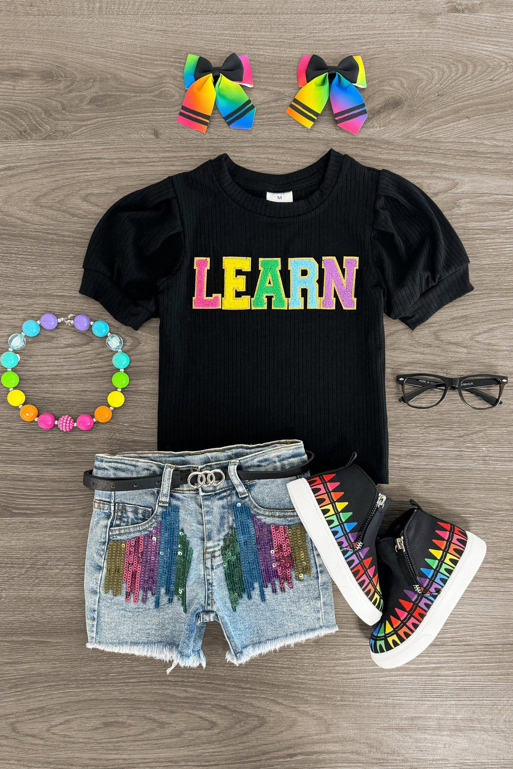 "Learn" Rainbow Sequin Denim Short Set | Sparkle in Pink