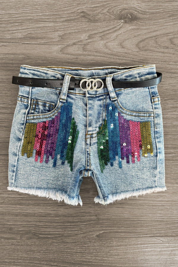 "Learn" Rainbow Sequin Denim Short Set | Sparkle in Pink