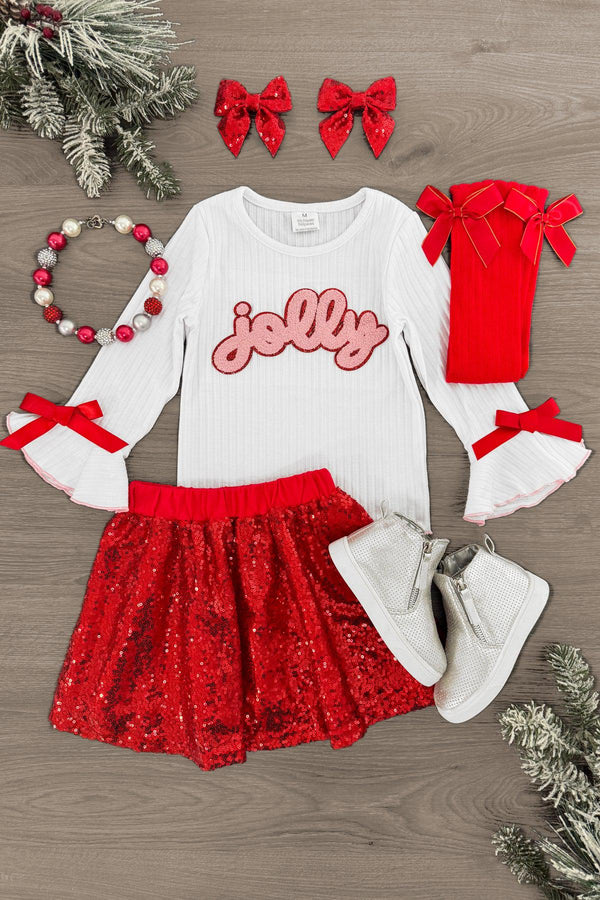 "Jolly" Red Sequin Skirt Set | Sparkle in Pink