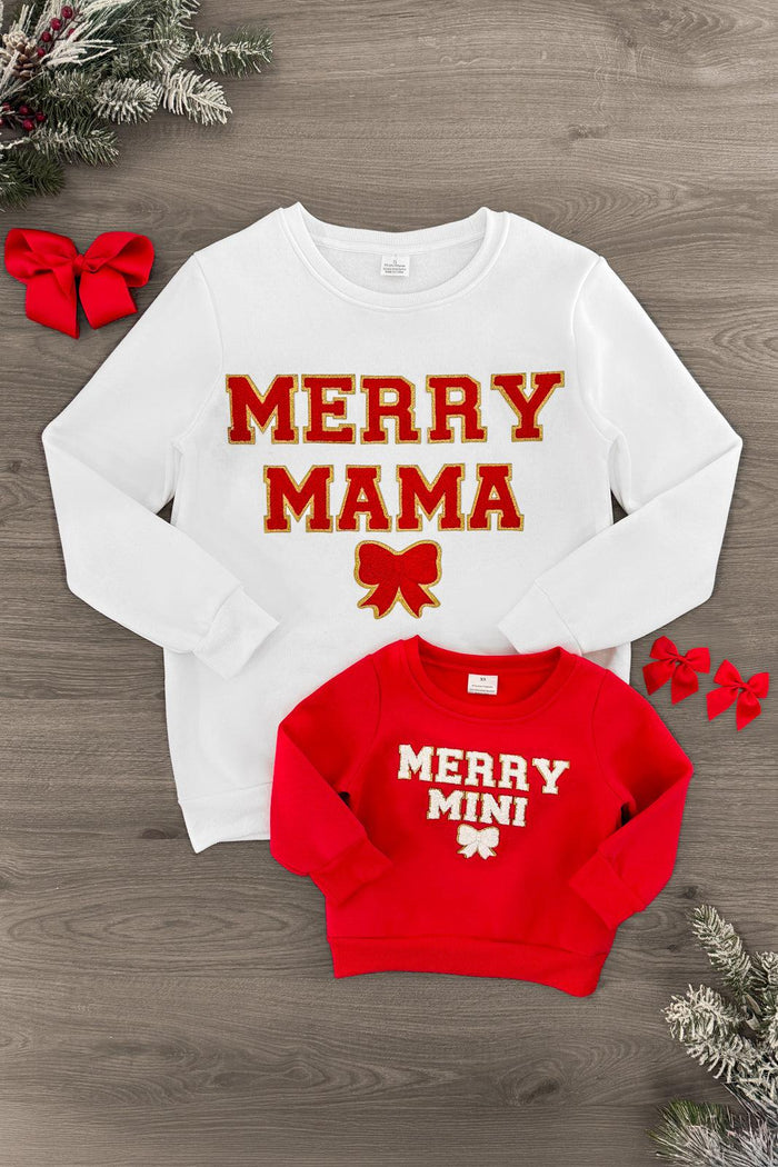 Mom & Me - "Merry Mama & Mini" Chenille Patch Top - BABY-0-3 Months-FAMILY - White long-sleeve top with chenille red "Merry Mama" text and bow patch.