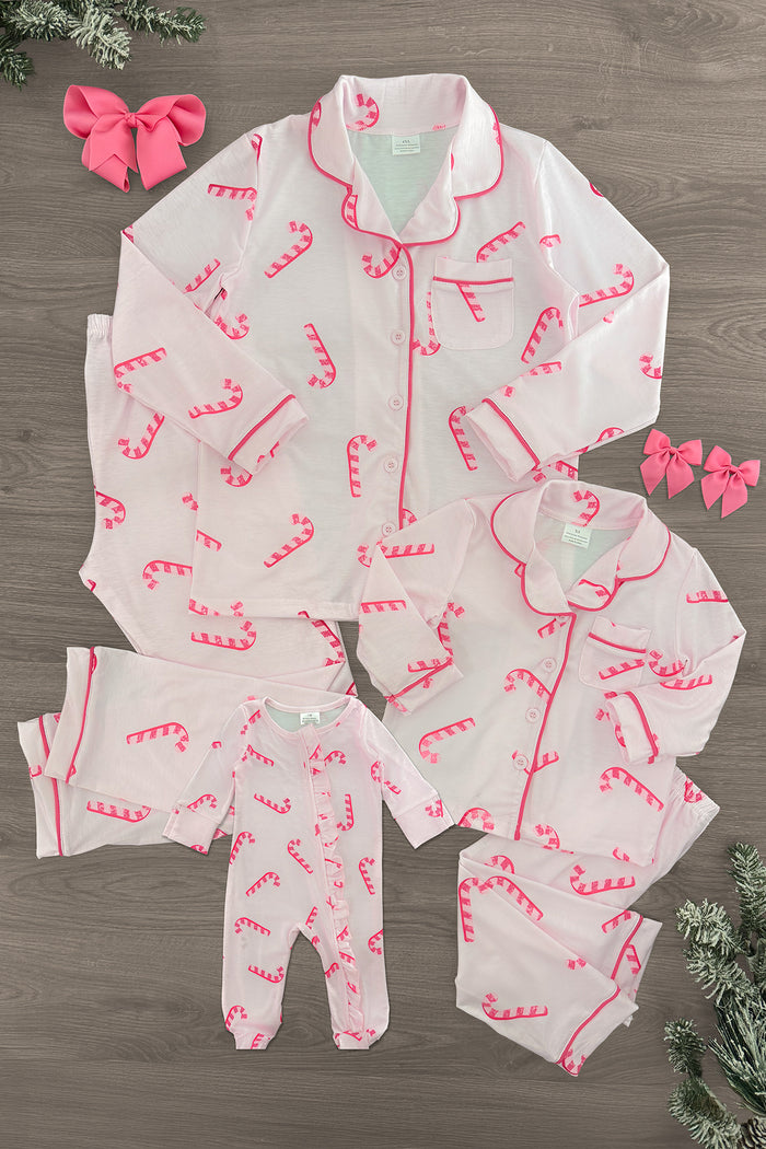 Mom & Me - Pink Candy Cane Pajamas - BABY-0-3 Months - White pajamas set with pink candy cane print, includes adult and child sizes, red piping trim.