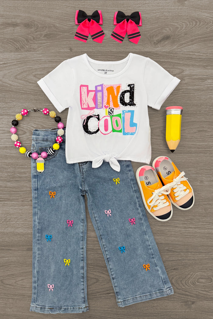 "Kind Is Cool" Denim Pant Set - 3T - White short-sleeve tee with colorful "Kind Is Cool" text, light blue wide-leg jeans with embroidered butterflies, orange.