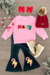 "Merry" Green Velvet Bell Bottom Set | Sparkle in Pink
