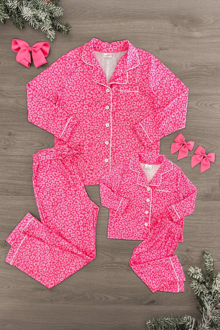 Mom & Me - Pink Cheetah Print Pajamas - CHILD-6-12 Months - Matching pink cheetah print long-sleeve pajamas for mom and child with button-up tops and pants.