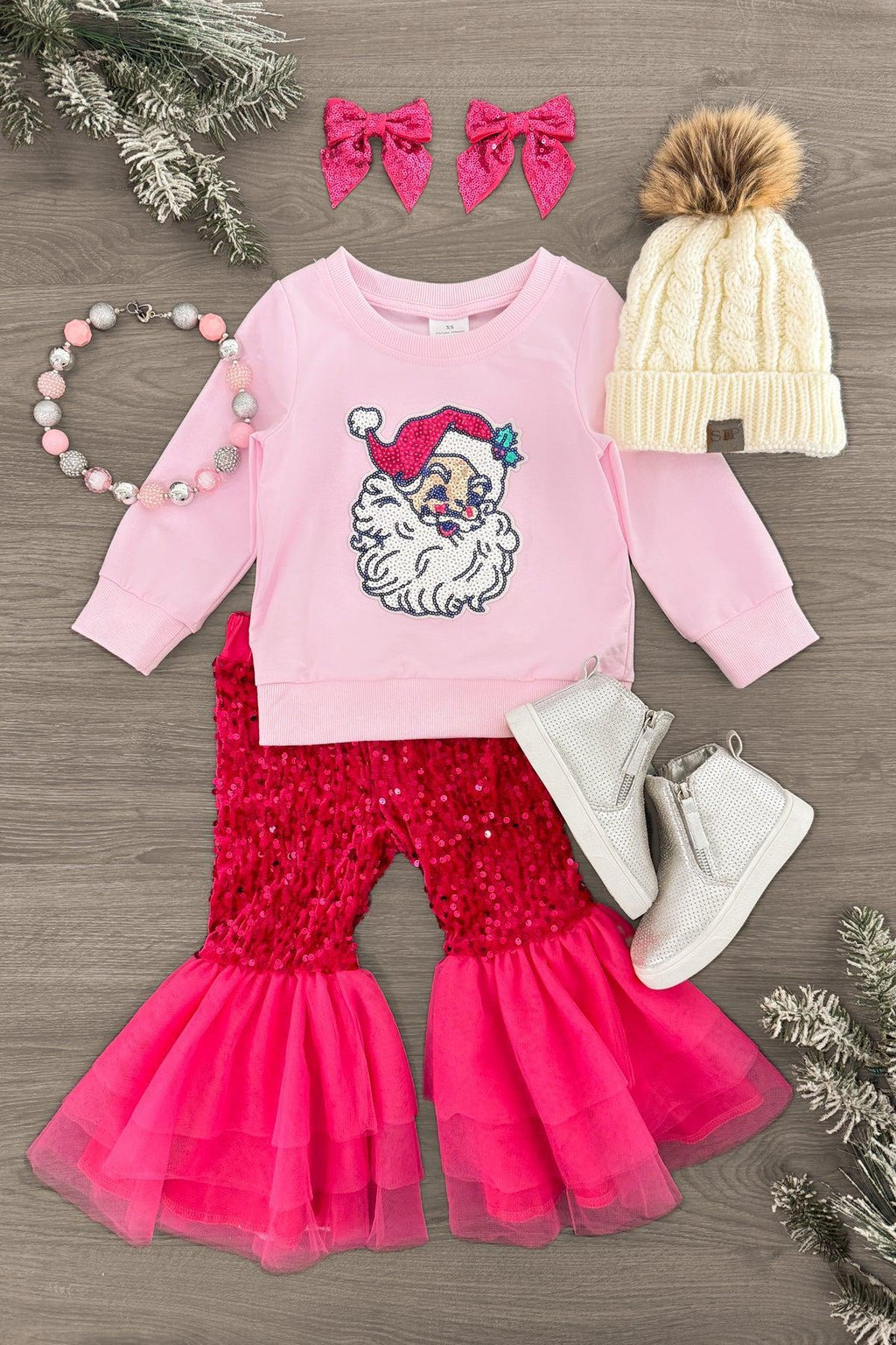 Pink Sequin Santa Bell Bottom Set | Sparkle in Pink