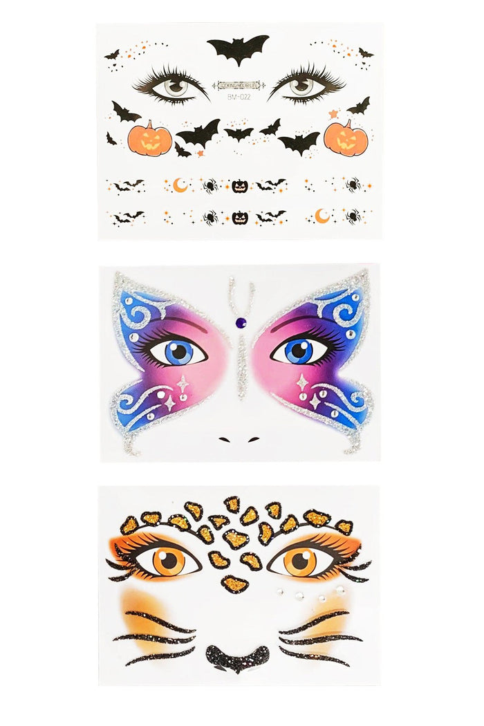 Halloween Costume Face Stickers - Butterfly - Classic Halloween with bats and pumpkins, butterfly wings in blue and purple, and cheetah face patterns with spots and.
