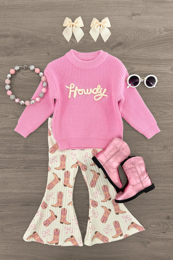 "Howdy" Pink Cowgirl Bell Bottom Set | Sparkle in Pink