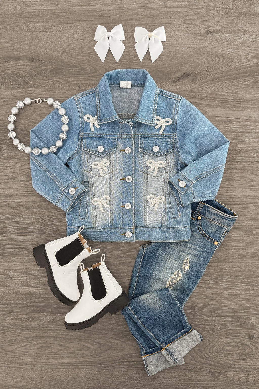 Pearl Bow Denim Jacket | Sparkle in Pink