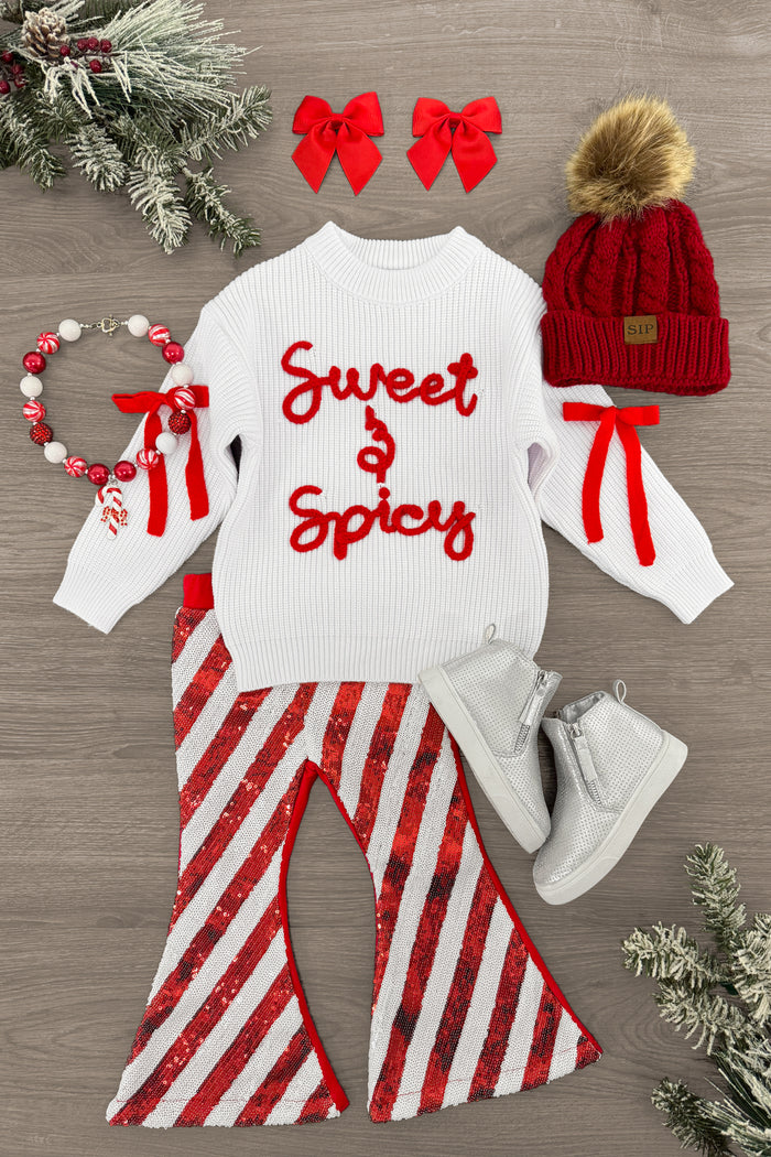 Red & White Striped Sequin Bell Bottoms - 3XS-6-12 Months - Toddler red and white sequin striped bell bottoms paired with white sweater saying Sweet & Spicy, red knit hat with pom-pom, .