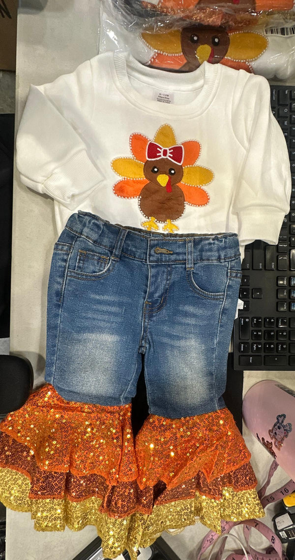 Mom & Kid - "Thankful For My Little Turkeys" Pullover & Pant Set