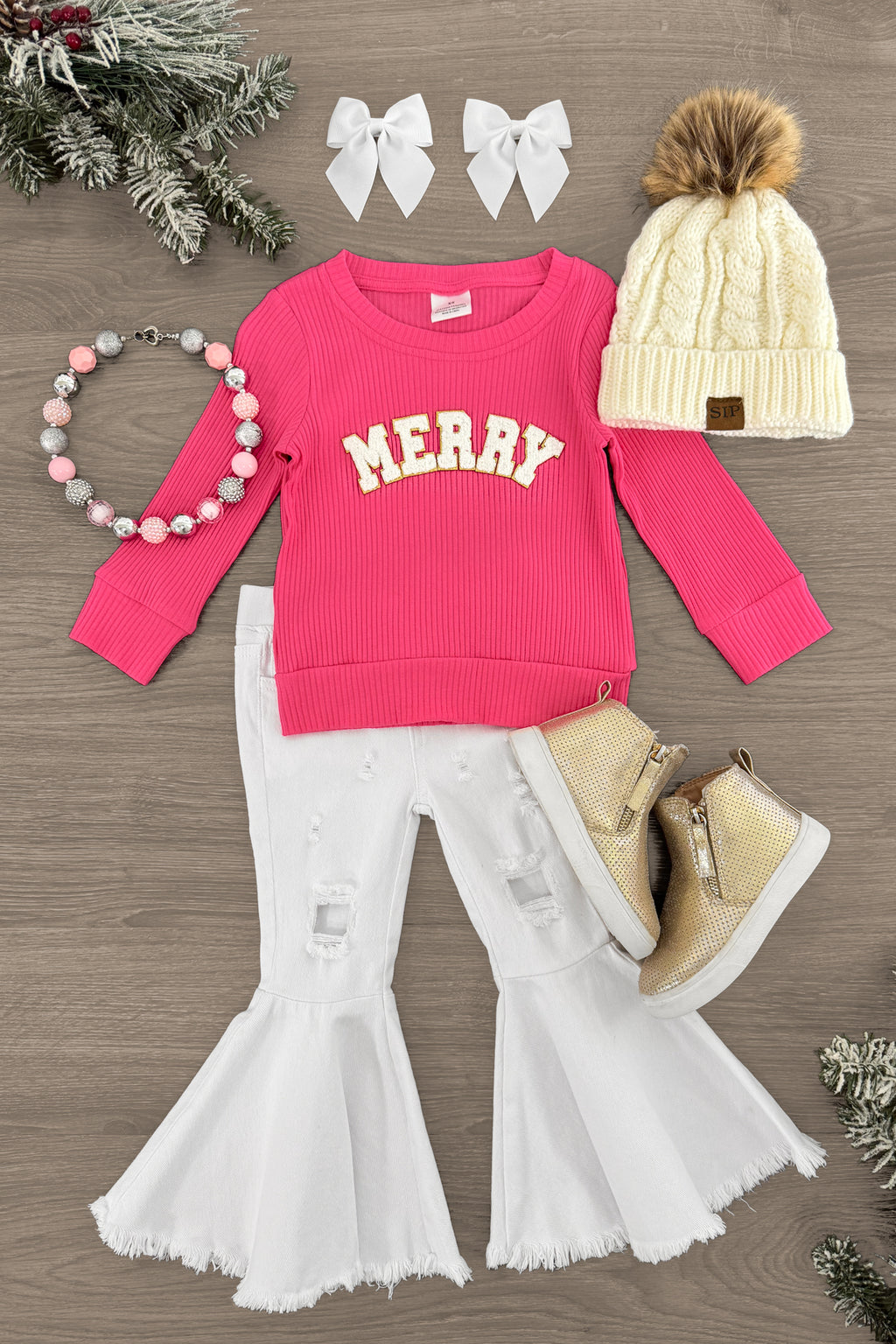 "Merry" White Denim Bell Bottom Set | Sparkle in Pink