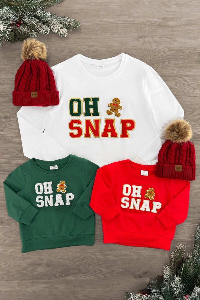 Mom & Kid - "Oh Snap" Chenille Patch Top - GIRL-3XS-6-12 Months-FAMILY - White chenille patch top with "OH SNAP" text and gingerbread man, paired with red knit hat with pom-pom; green and red.