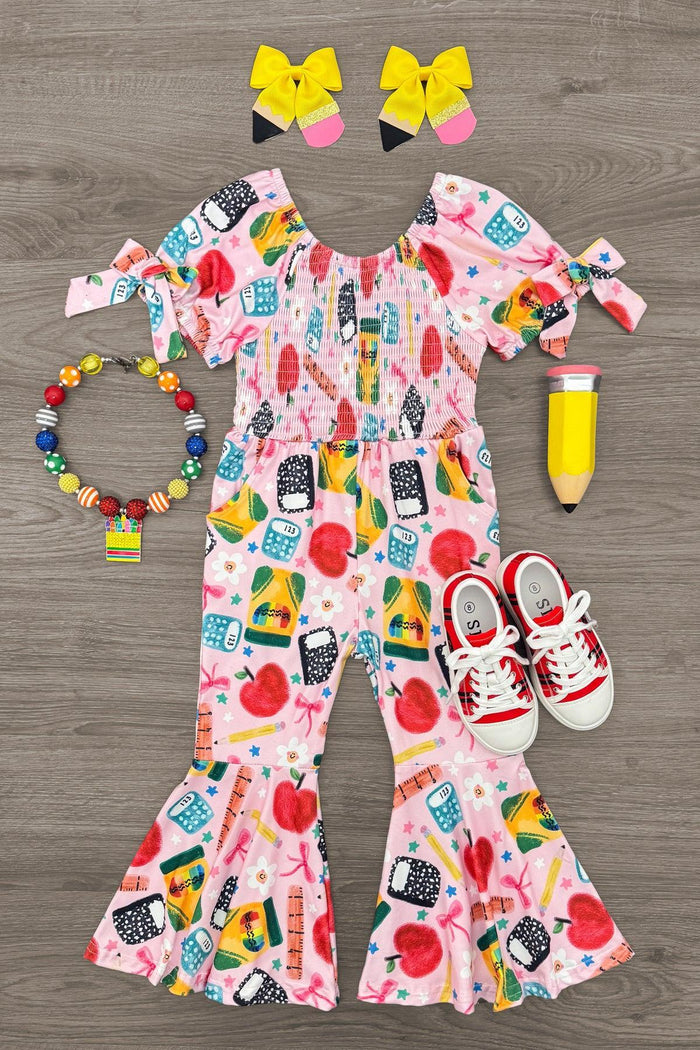 Pink School Supplies Jumpsuit - 3T - Pink jumpsuit with colorful school supplies print, bell sleeves, ruffled bell-bottom pants, paired with red and white.