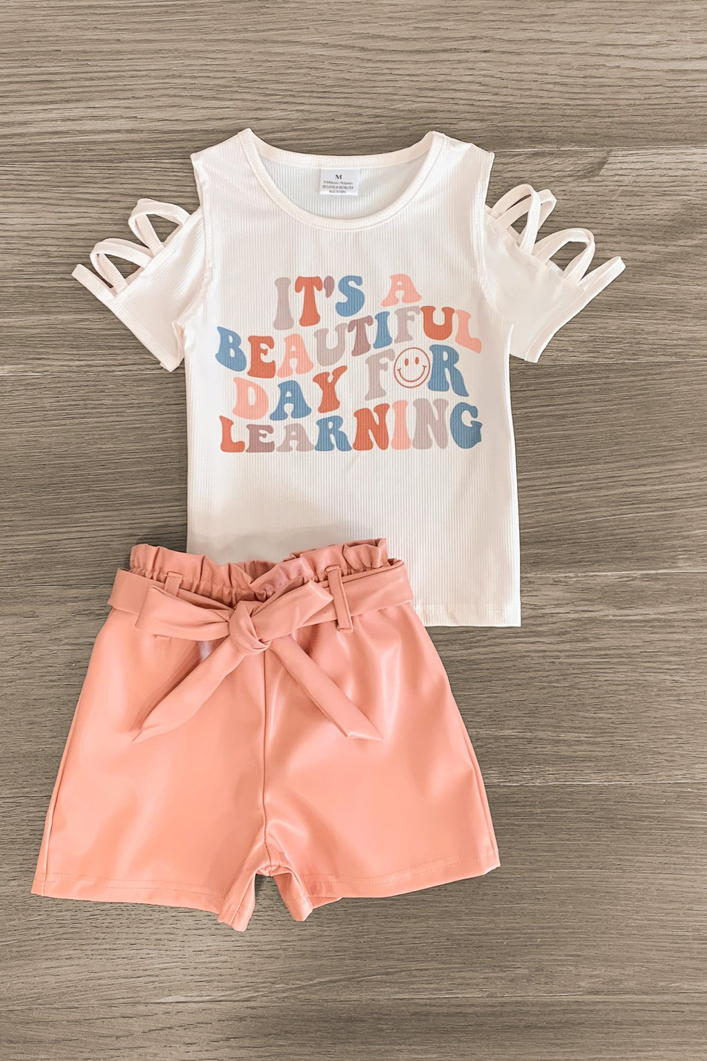 "It's A Beautiful Day For Learning" Pleather Short Set | Sparkle in Pink