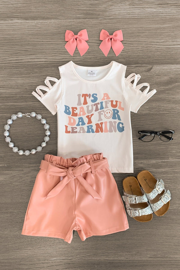 "It's A Beautiful Day For Learning" Pleather Short Set | Sparkle in Pink
