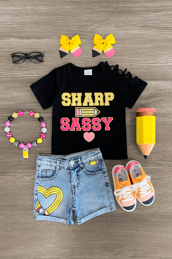 "Sharp & Sassy" Denim Short Set | Sparkle in Pink