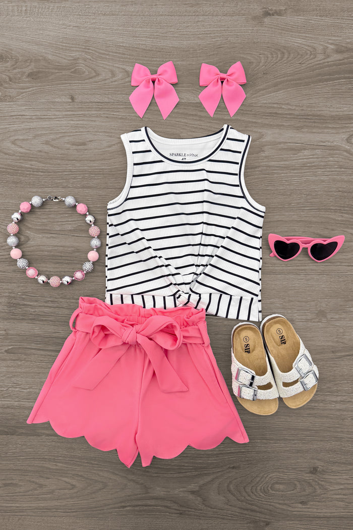 White & Pink Stripe Short Set - 6-12 Months - White tank top with thin black stripes paired with pink scalloped shorts, styled with white sandals, pink bow clips, pink.